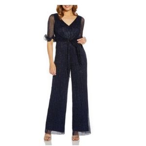 ADRIANNA PAPELL WOMENS TIE WAIST METALLIC JUMPSUIT Color: NAVYNIGHT